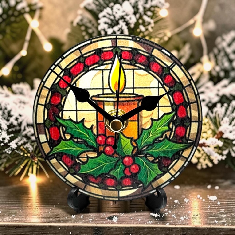 98mm Round Wooden Christmas Desk Clock with Stand – Silent Non-Ticking Holiday Decor - Design 6