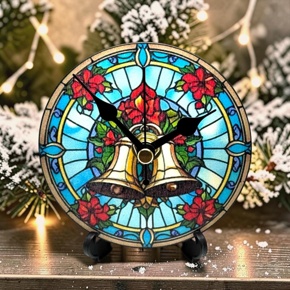 98mm Round Wooden Christmas Desk Clock with Stand – Silent Non-Ticking Holiday Decor - Design 5