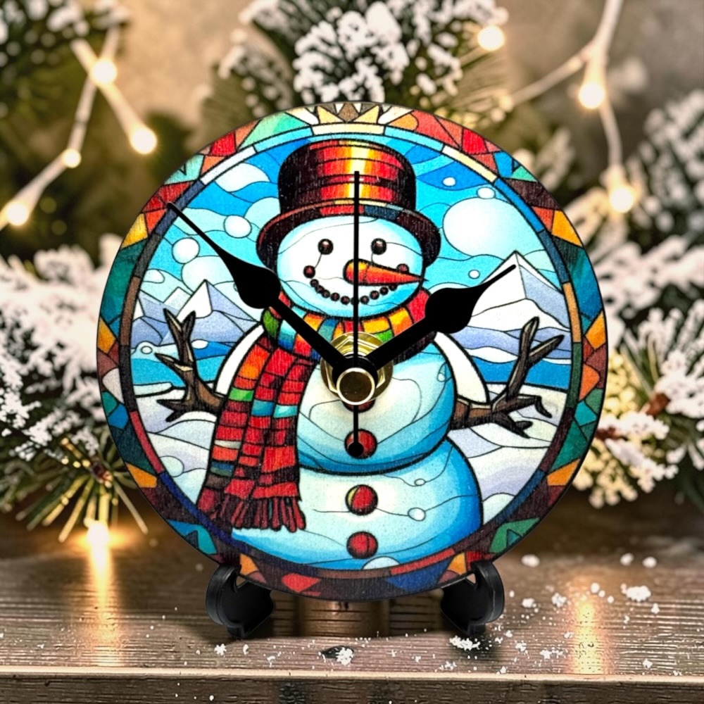 98mm Round Wooden Christmas Desk Clock with Stand – Silent Non-Ticking Holiday Decor - Design 7
