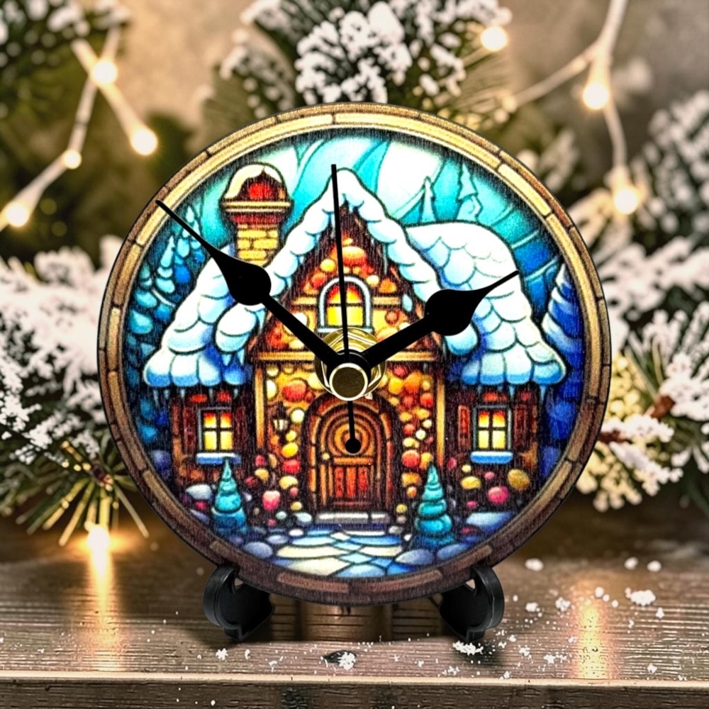 98mm Round Wooden Christmas Desk Clock with Stand – Silent Non-Ticking Holiday Decor - Design 8