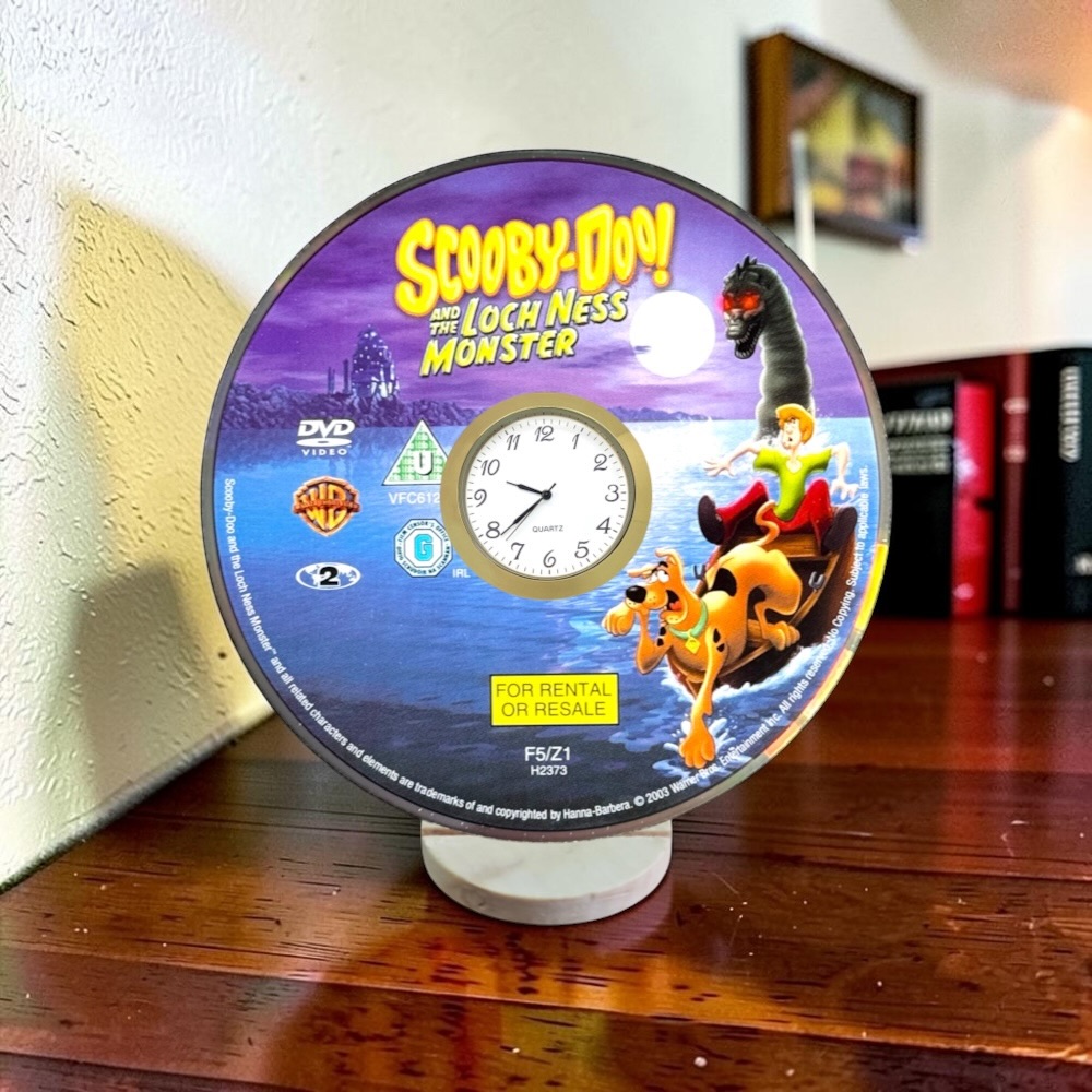 Novelty Desktop Uncycled DVD Clock With Fixed Gold Insert - Scooby-Doo And The Loch Ness Monster