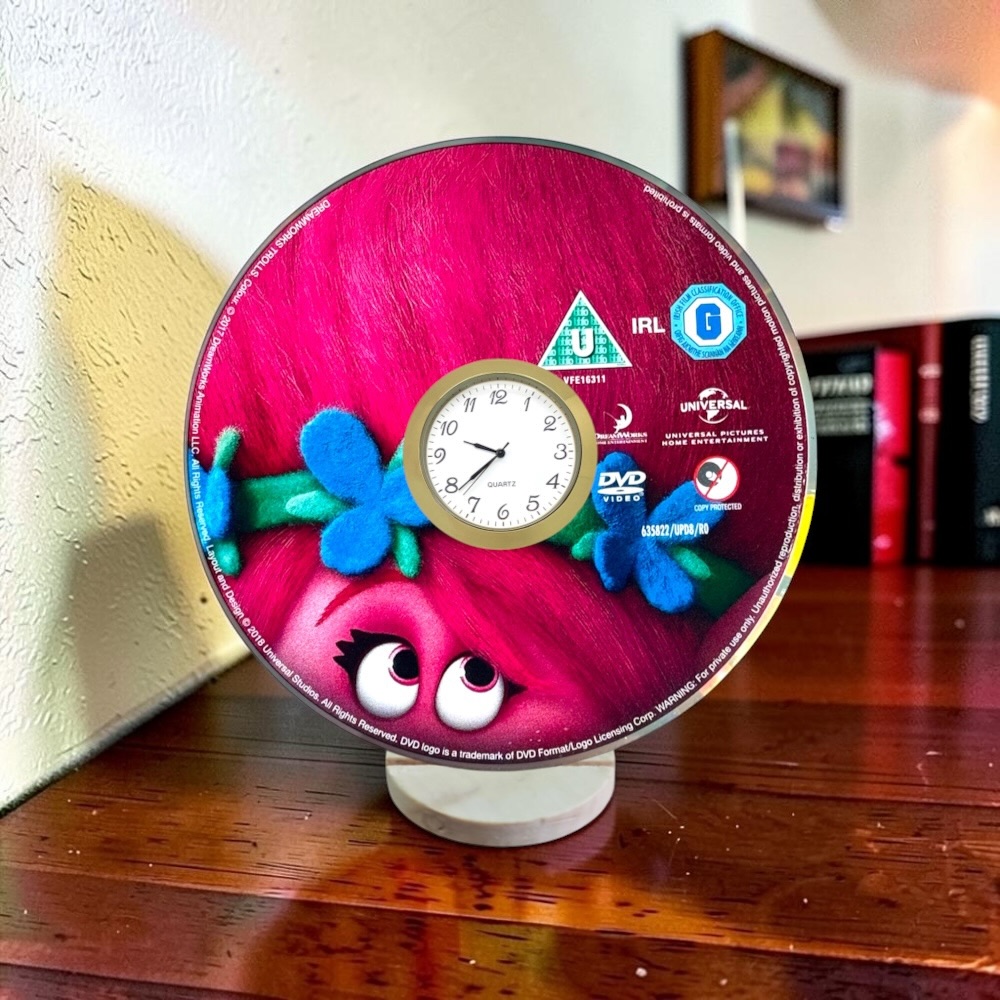Novelty Desktop Uncycled DVD Clock With Fixed Gold Insert - Trolls
