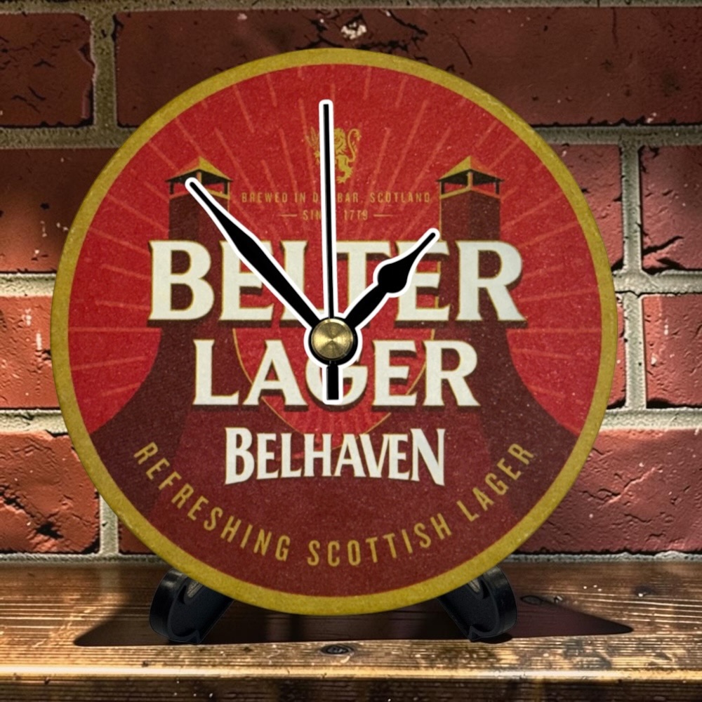 Novelty Beer Mat Clocks With Display Stand – Belhaven Belter Lager