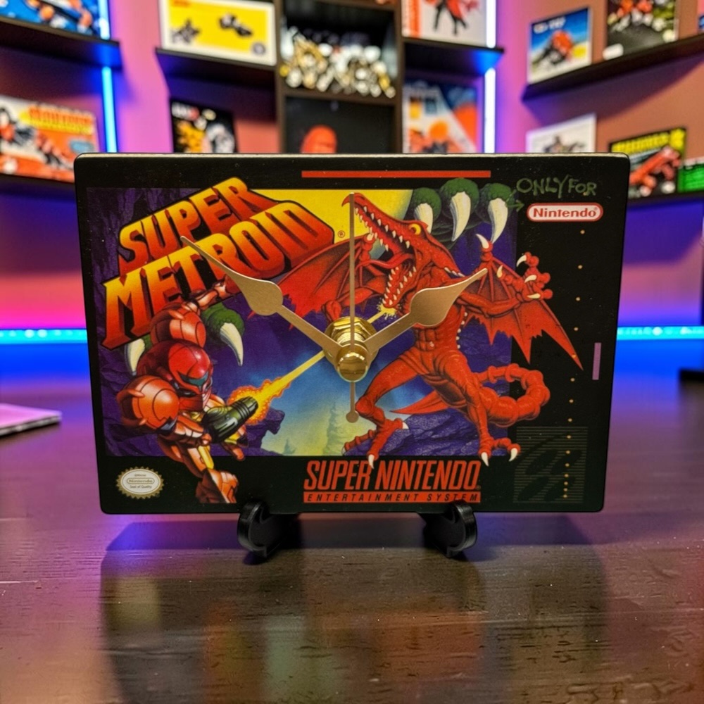 Upcycled NES Cartridge Desktop Coaster Clock With Display Stand & Battery - Super Metroid