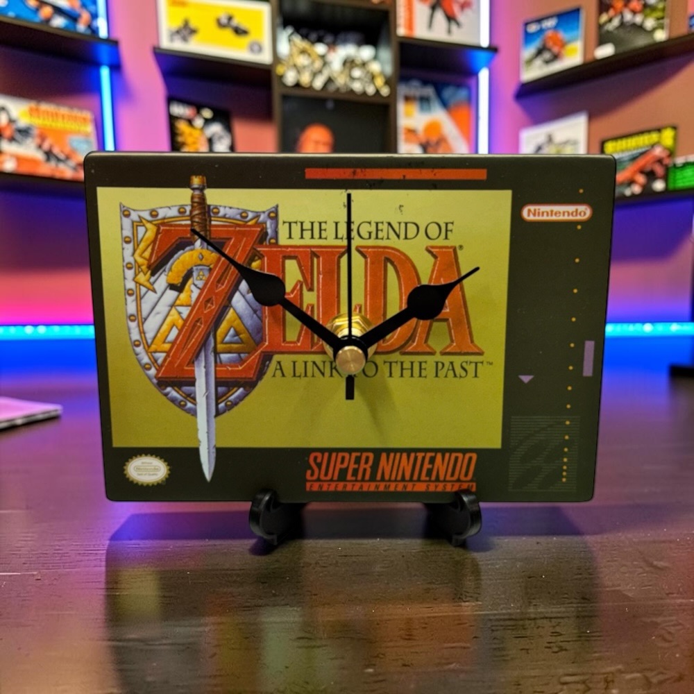 Upcycled NES Cartridge Desktop Coaster Clock With Display Stand & Battery - Zelda 01