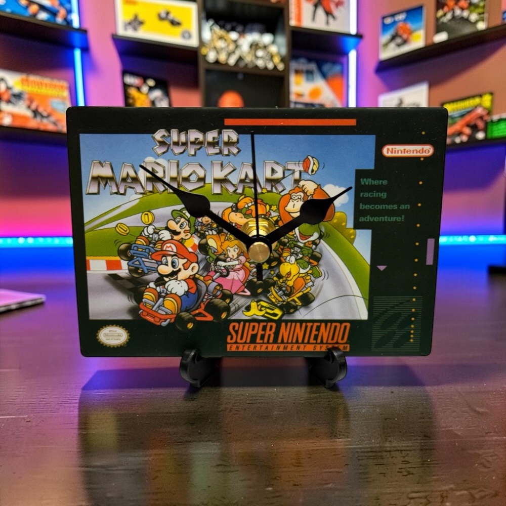Upcycled NES Cartridge Desktop Coaster Clock With Display Stand & Battery - Super Mario Kart