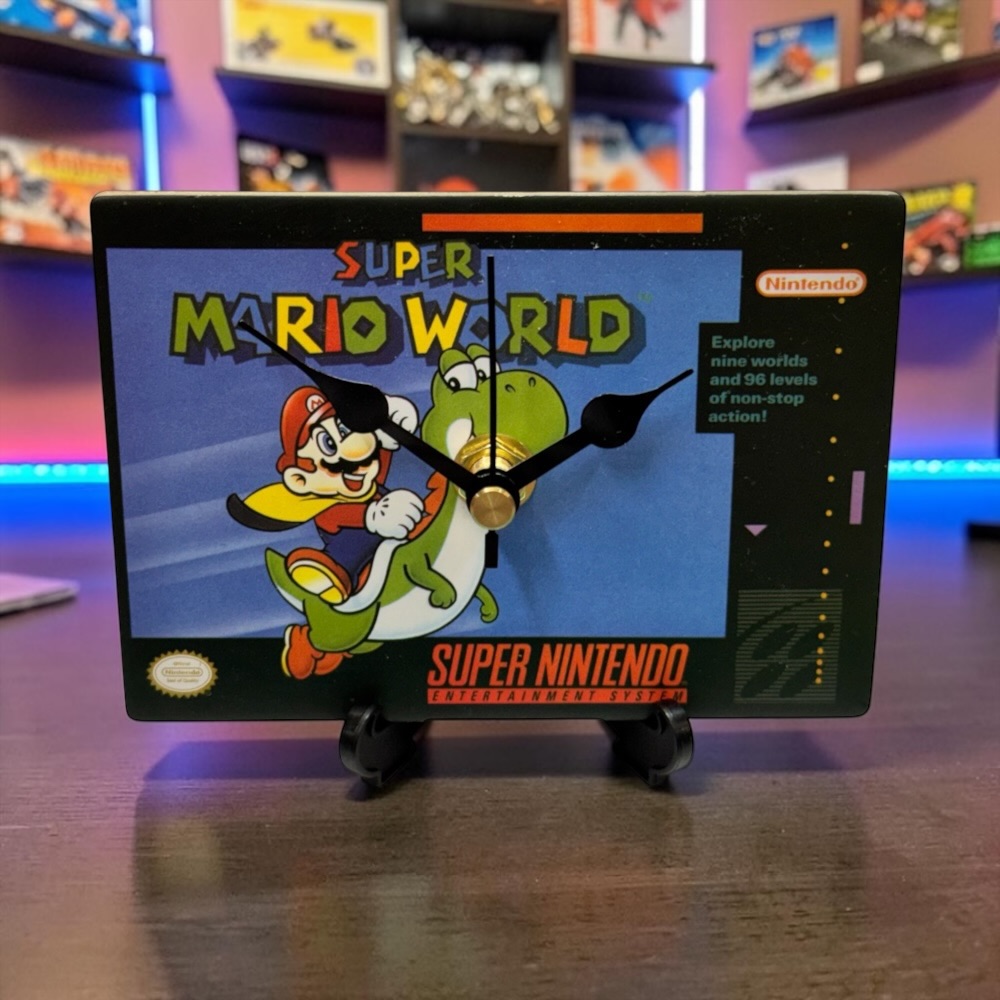 Upcycled NES Cartridge Desktop Coaster Clock With Display Stand & Battery - Super Mario World