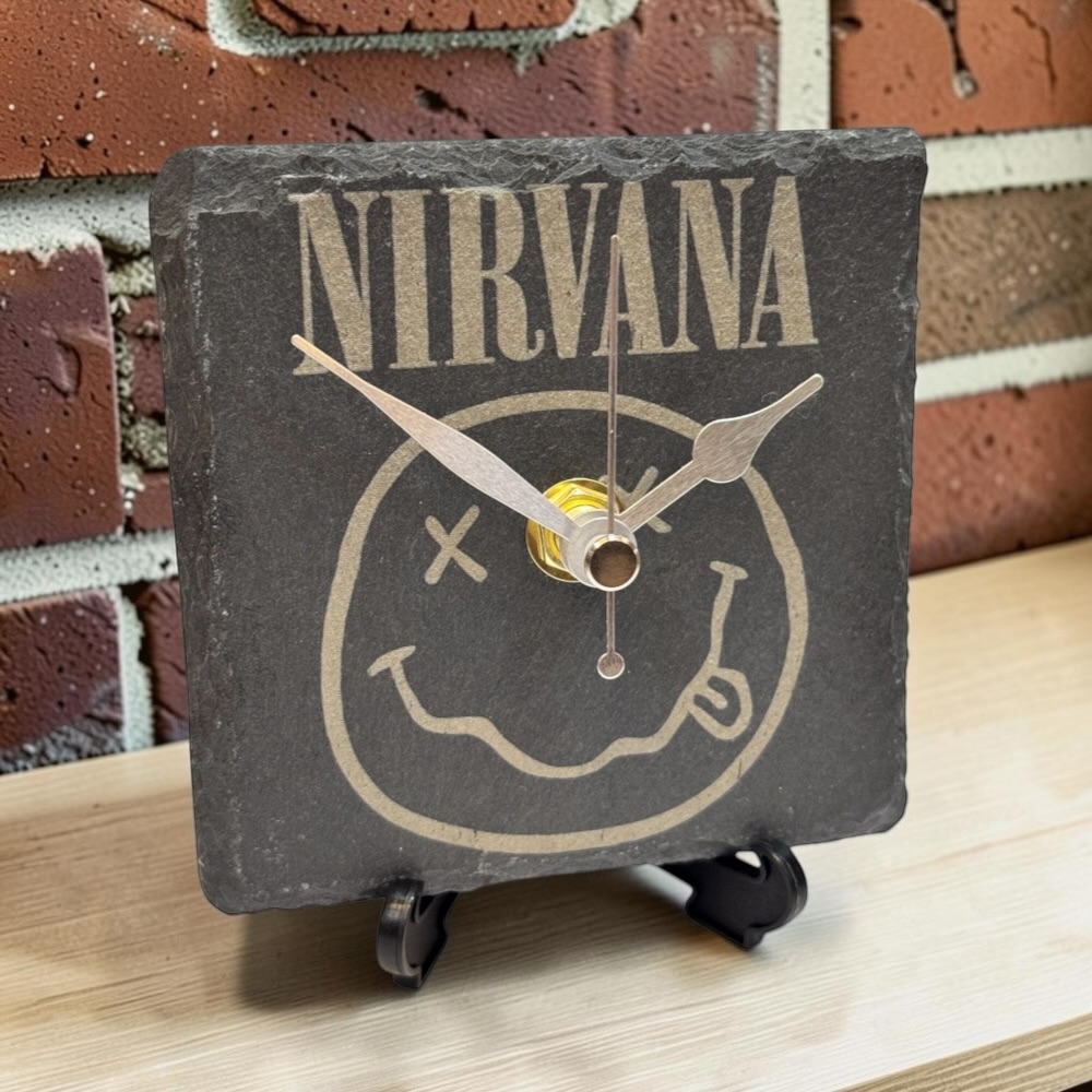 Handmade Nirvana Engraved Slate Clock | Silent Desktop Display Stand