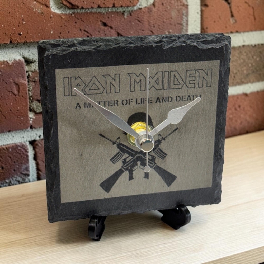 Handmade Iron Maiden Engraved Slate Clock | Silent Desktop Display Stand