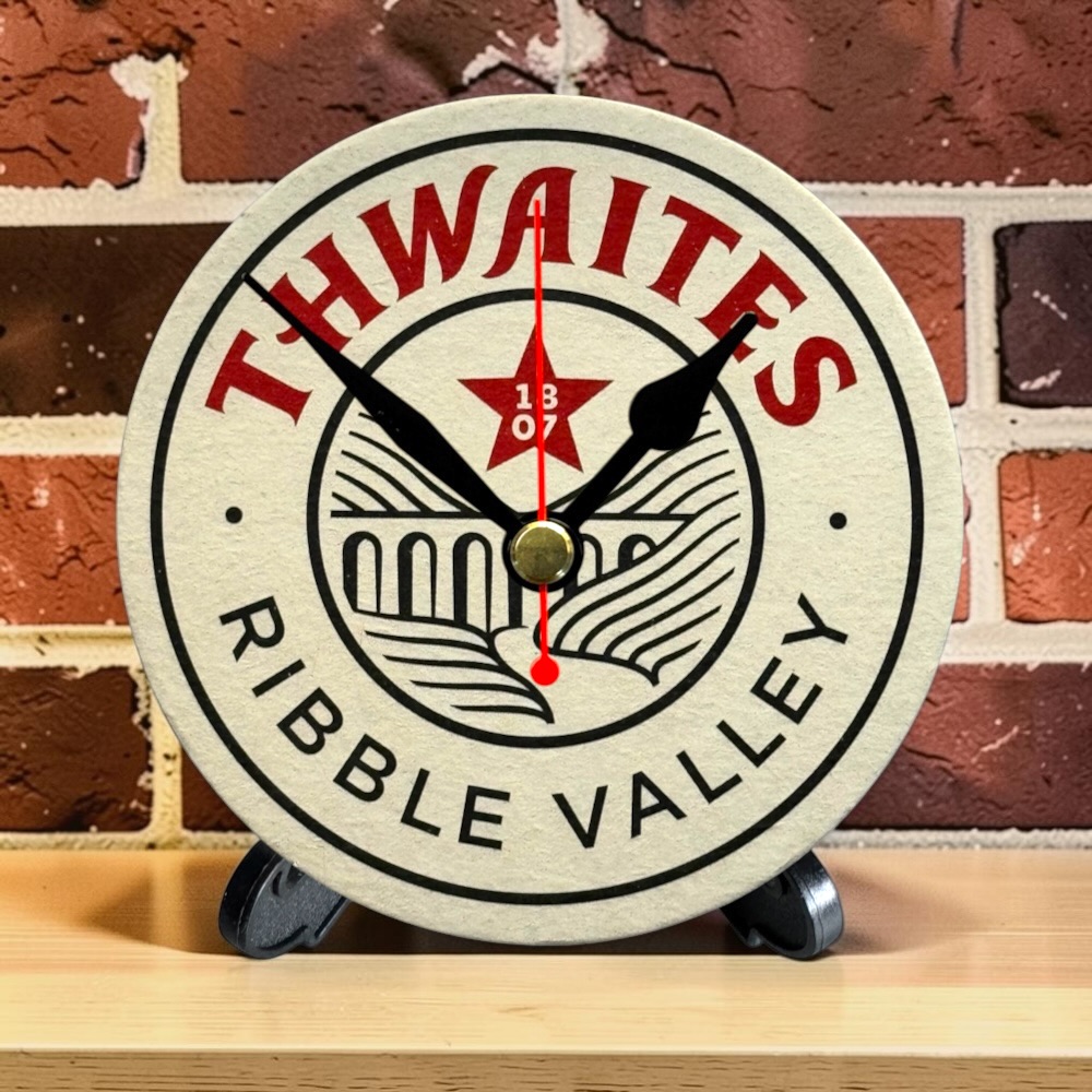 Upcycled Novelty Beer Mat Clock With Display Stand - Thwaites Brewery