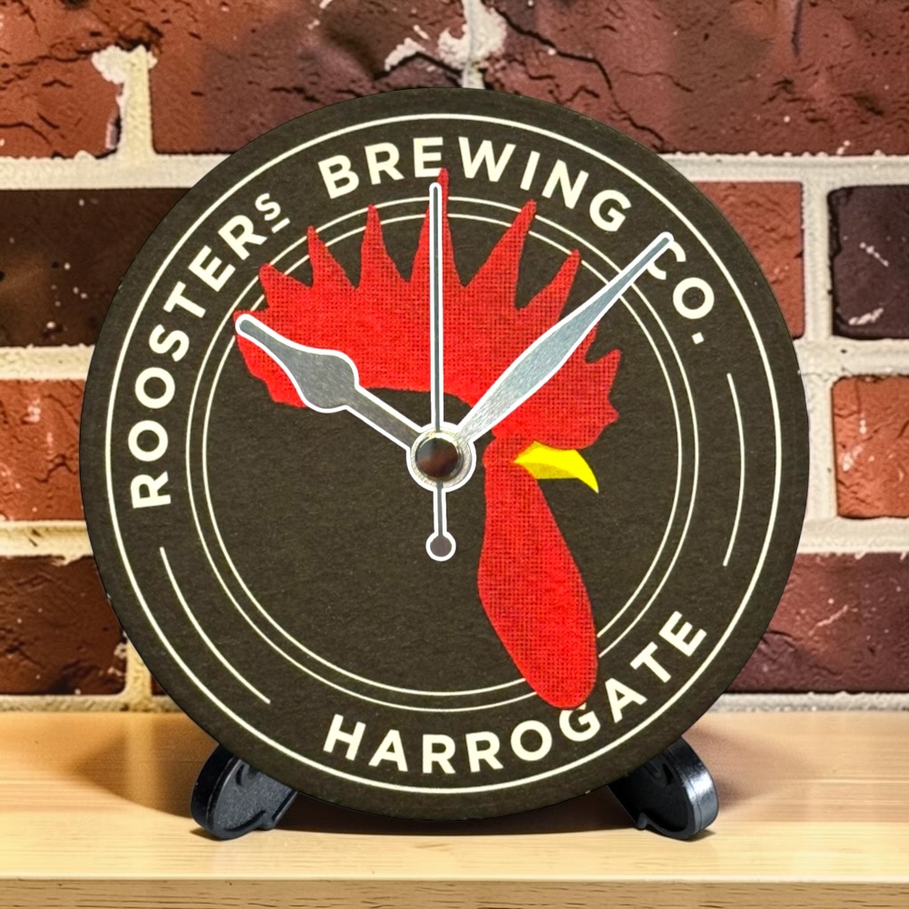Upcycled Novelty Beer Mat Clock With Display Stand - Roosters Brewing Company