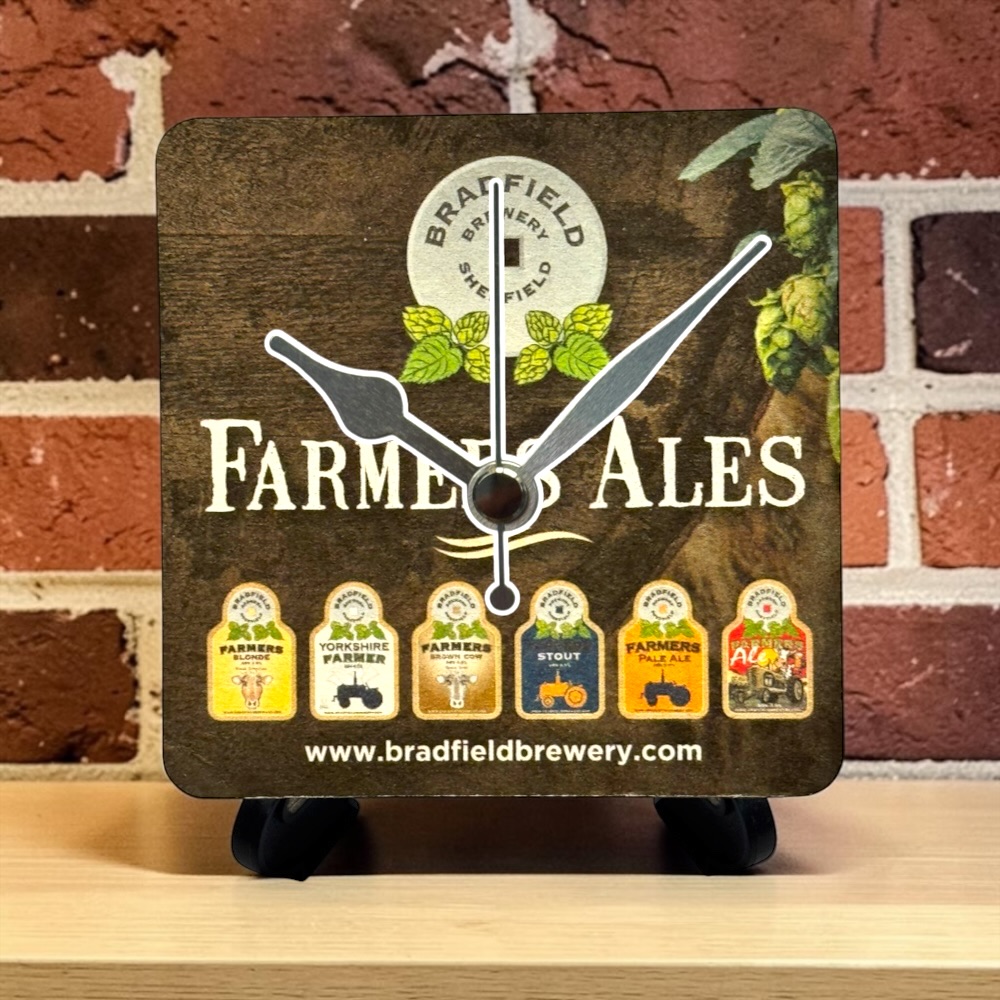 Upcycled Novelty Beer Mat Clock With Display Stand - Bradfield Brewery Sheffield