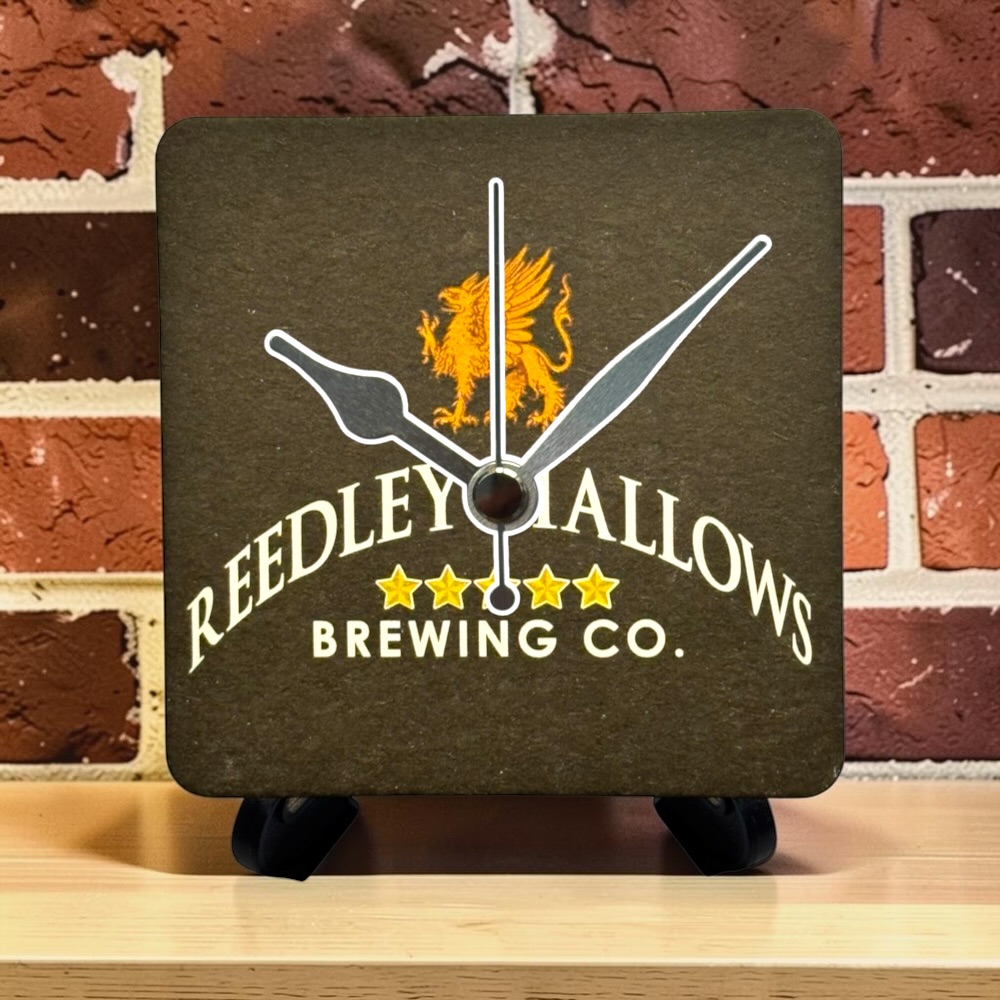 Upcycled Novelty Beer Mat Clock With Display Stand - Reedley Hallows Brewing Company