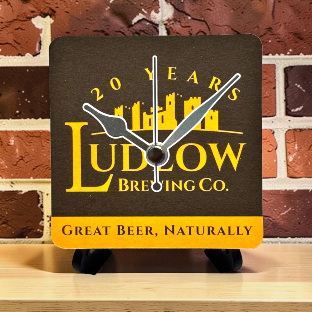 Upcycled Novelty Beer Mat Clock With Display Stand - Ludlow Brewing Company