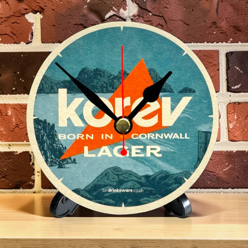Novelty Beer Mat Clocks With Display Stand – Korev Cornish Lager 01