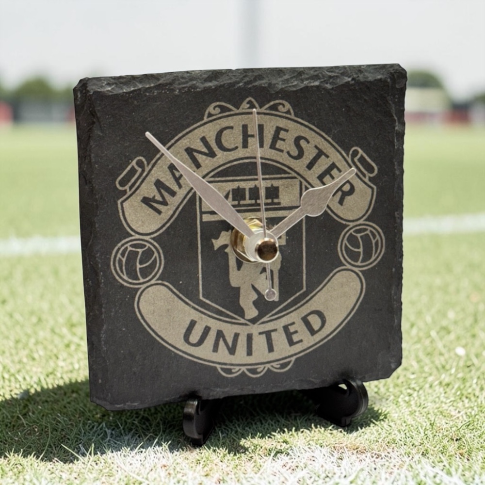 Handmade Man Utd Engraved Slate Clock | Silent Desktop Display Stand