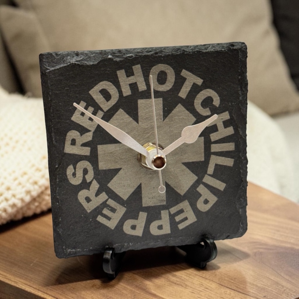 Handmade Red Hot Chili Peppers Slate-Engraved Desktop Clock with Display Stand