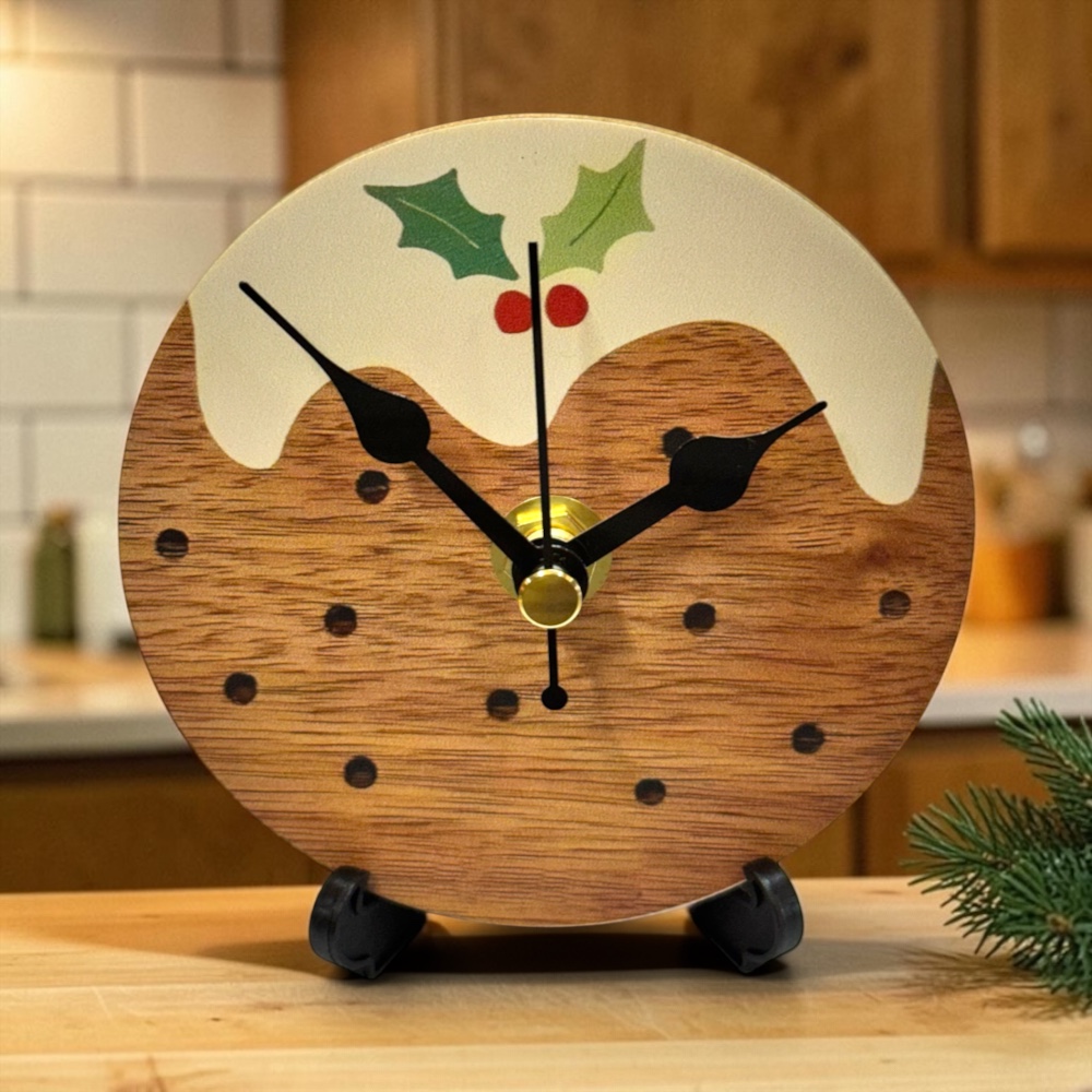 Handmade Wooden Christmas Pudding Clock 90mm Round Face Silent Movement Gift