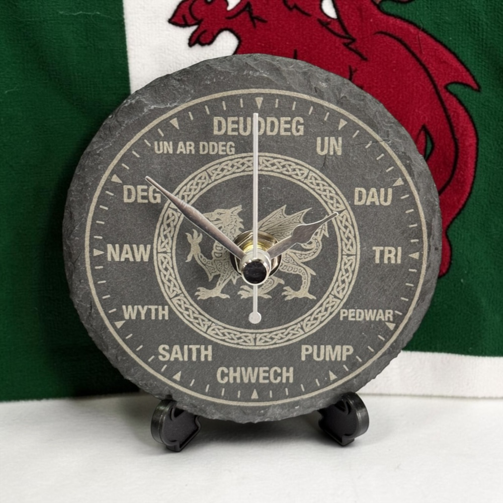 Handmade Welsh Dragon Slate Desk Clock – 10cm Round Cymru Gift