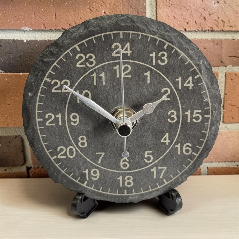 Handmade 24-Hour Slate Desk Clock – 10cm Round Military Time Gift