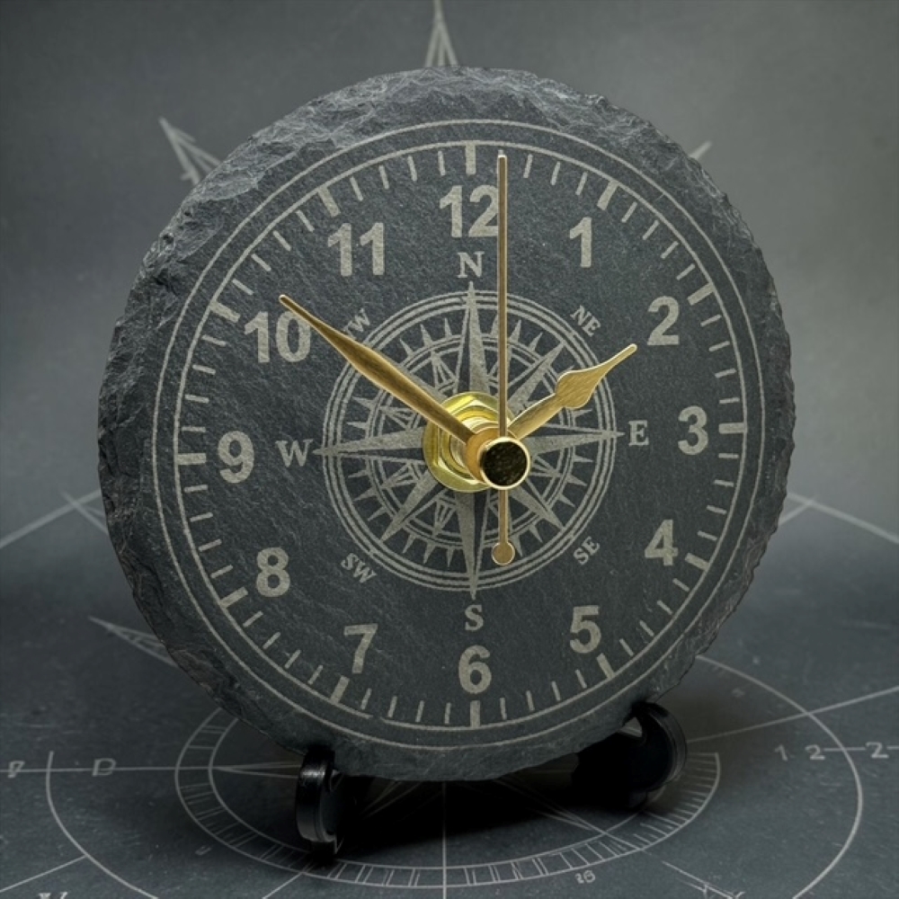 Handmade Grey Slate Compass Desk Clock – 90mm Silent Quartz Mantel Gift