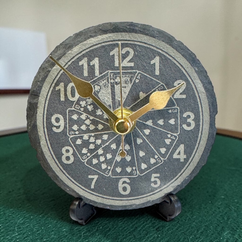 Handmade Slate Playing Cards Desk Clock – 10cm Round Silent Poker & Gambler Gift