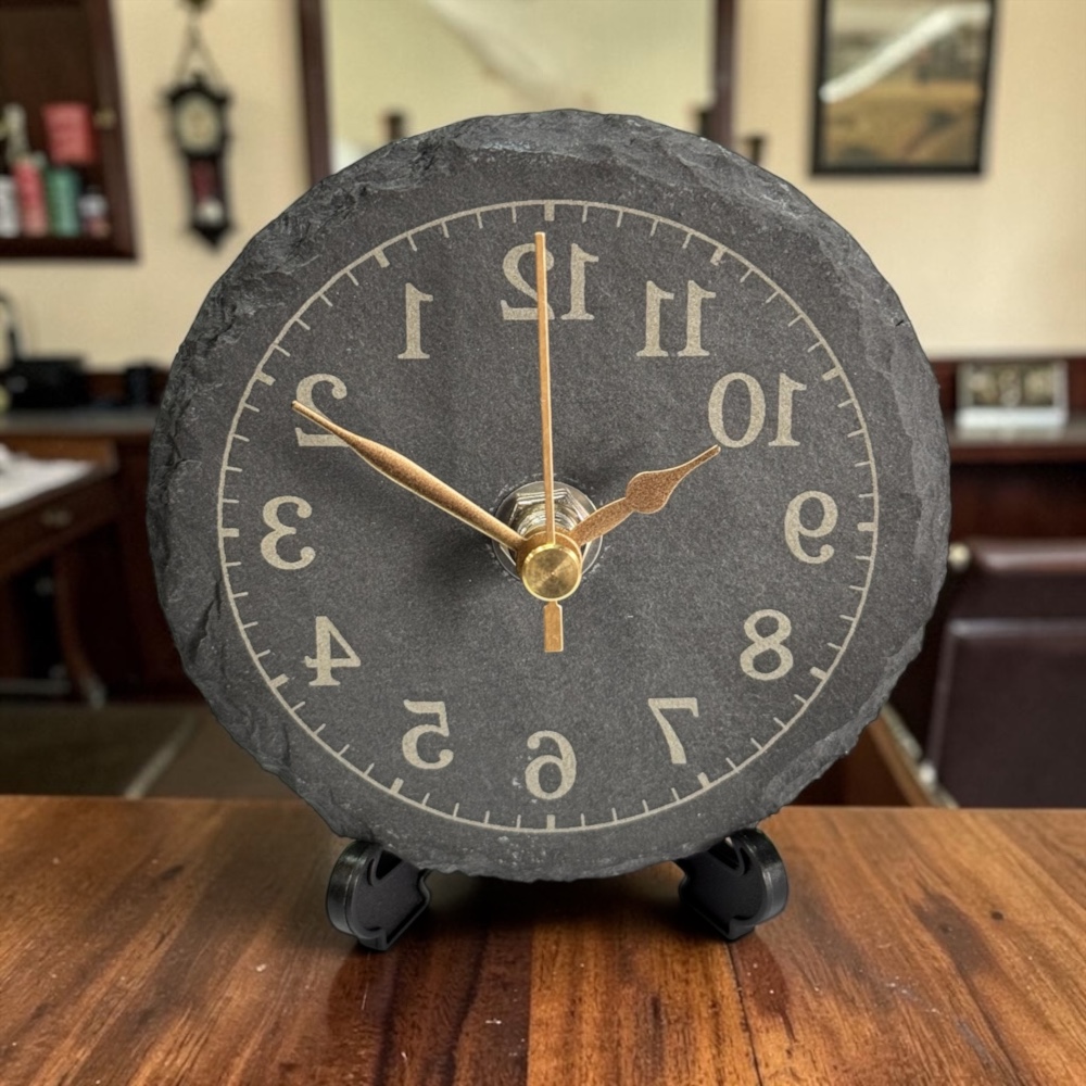 Handmade Slate Reverse Barber Shop Clock – 10cm Round Silent Backwards Desktop Display
