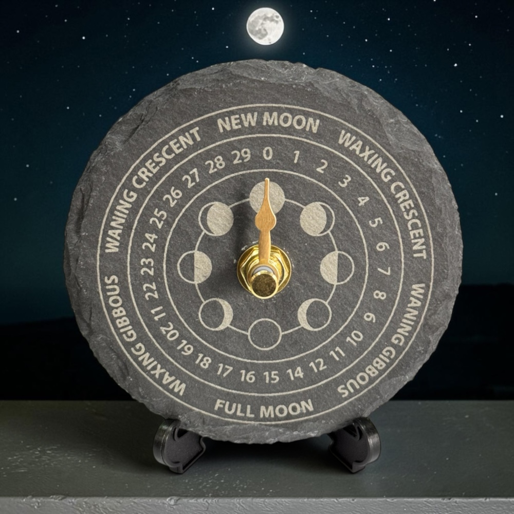 Handmade Slate Moon Phase Lunar Clock – 10cm Round Silent Desktop Tracker