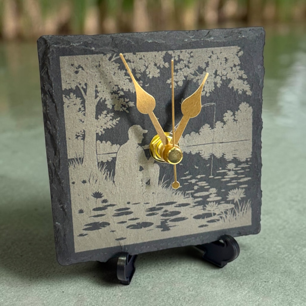 Handmade Slate Fisherman Desk Clock – 10cm Square Silent Angler Gift & Man Cave Decor