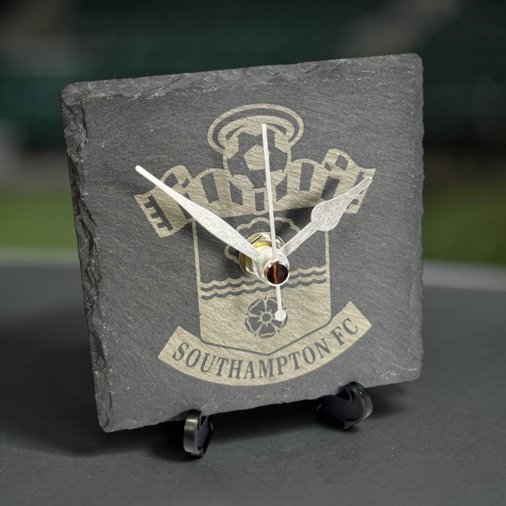 Handmade Slate Southampton FC Clock – 10cm Square Silent The Saints Fan Gift