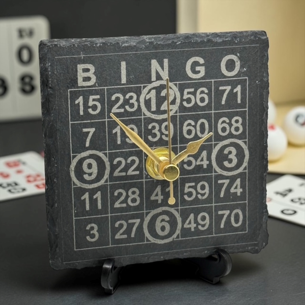 Handmade Slate Bingo Card Clock – 10cm Square Silent Novelty Table Game Gift