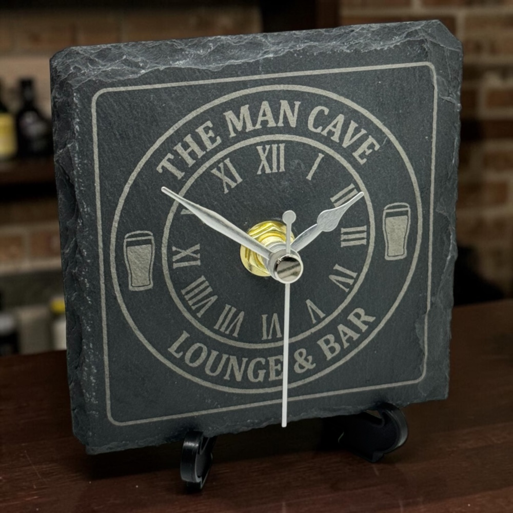 Handmade Slate Man Cave Clock – 10cm Square Silent Garden Pub Tabletop Decor