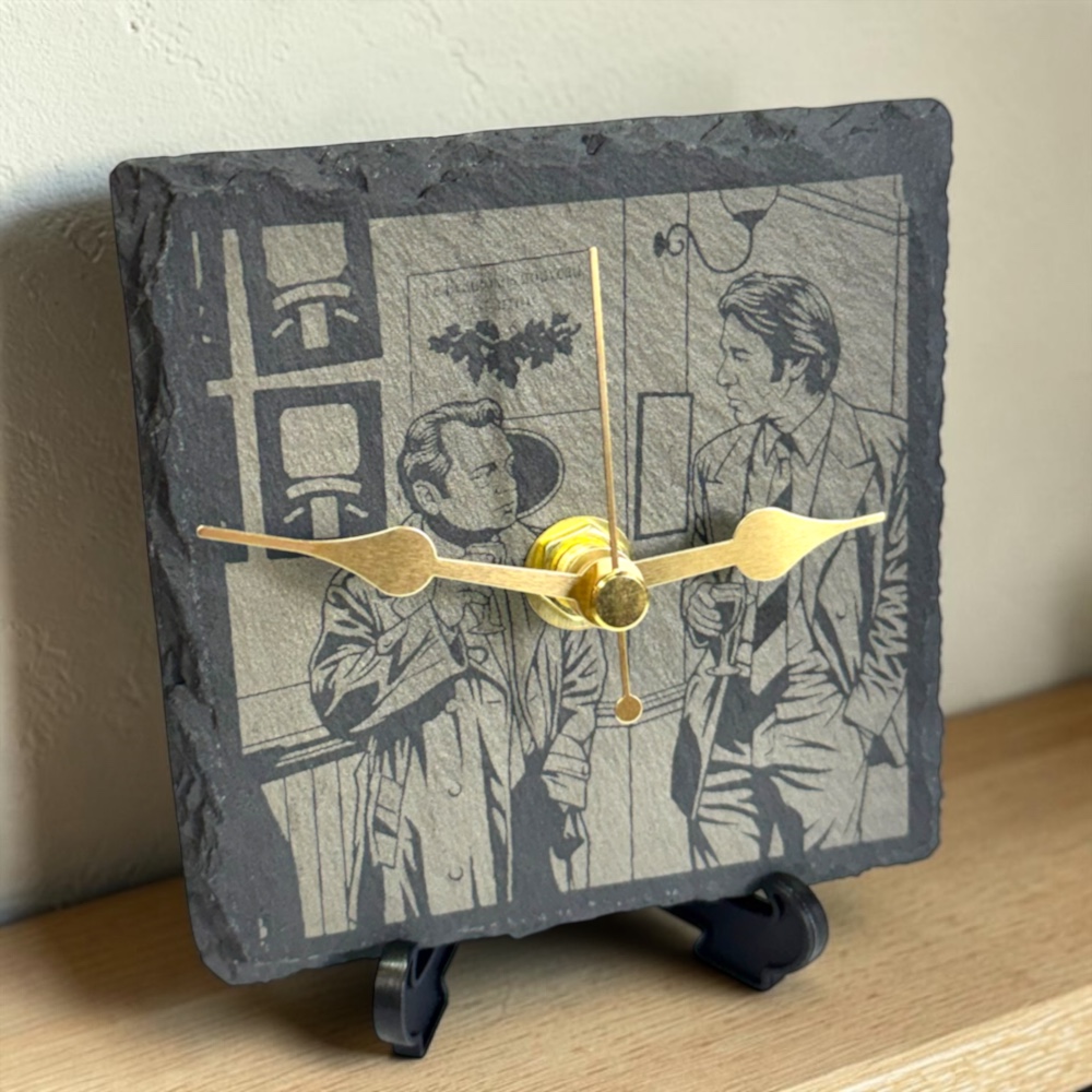 Handmade Slate Classic British Comedy Clock – 10cm Square Silent Pub Scene Decor