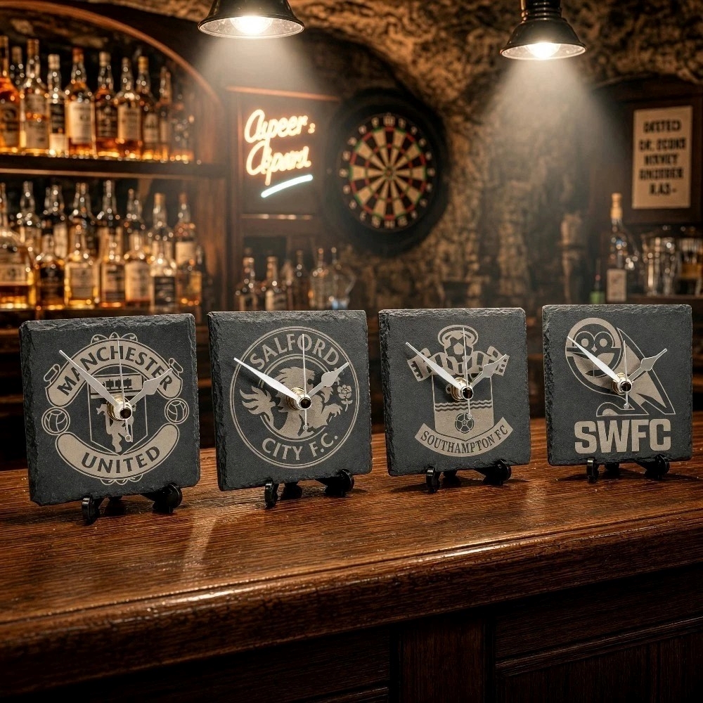 Personalised Football Crest Slate Clock – Custom Team Logo Silent Desk Gift