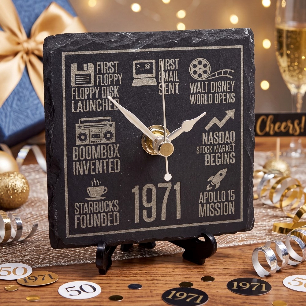 Personalised Year History Slate Clock – Custom Milestone Birthday & Anniversary Desk Gift