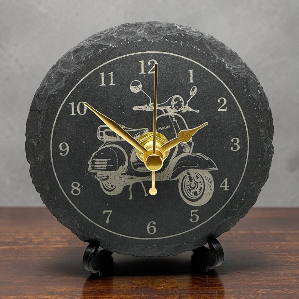 Handmade Natural Slate Scooter Desk Clock (90mm) – Silent Quartz Retro Tabletop Timepiece, Unique Mods & Rockers Gift