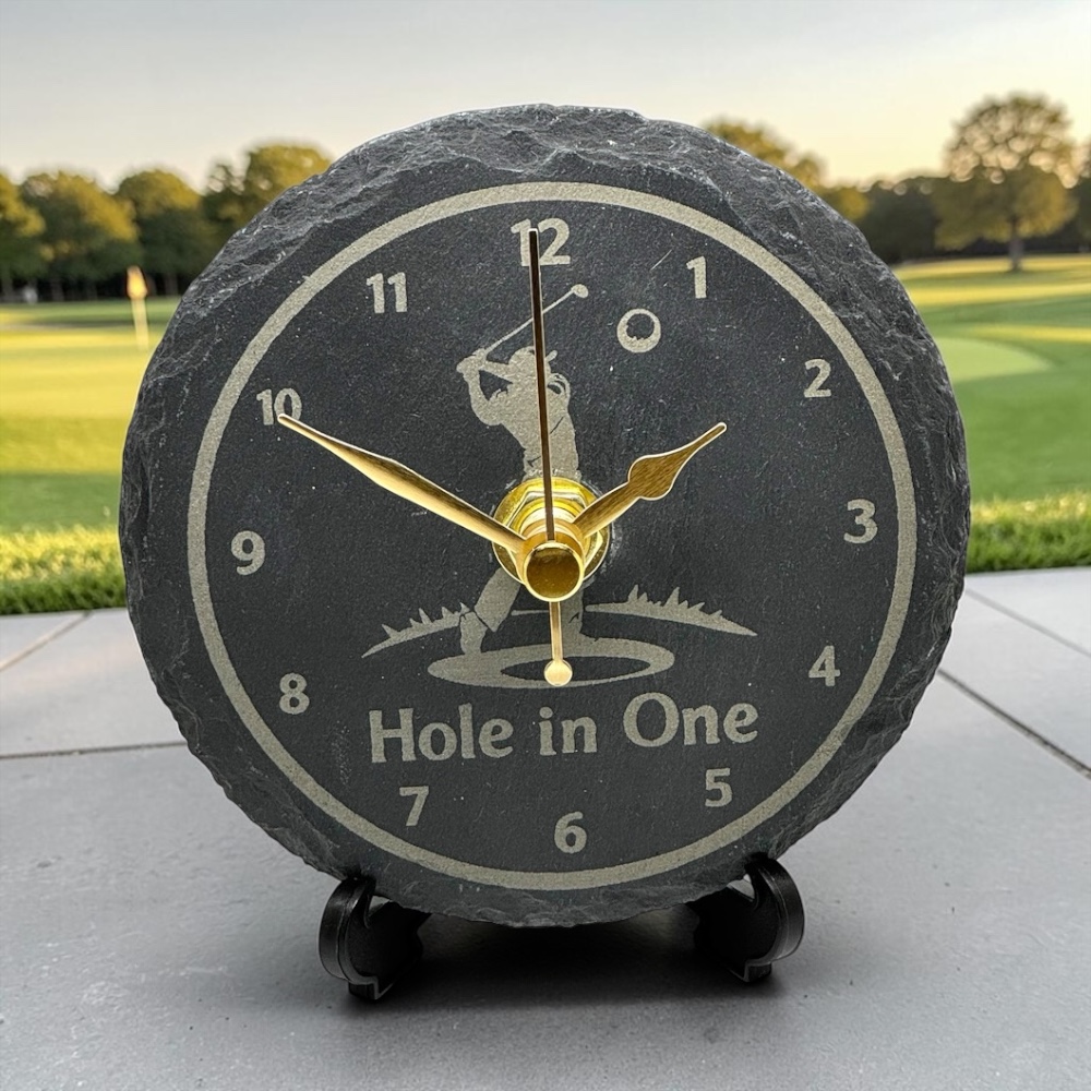 Handmade Natural Slate Golf Hole In One Desk Clock (90mm) – Silent Quartz Tabletop Trophy, Unique Golfer Gift
