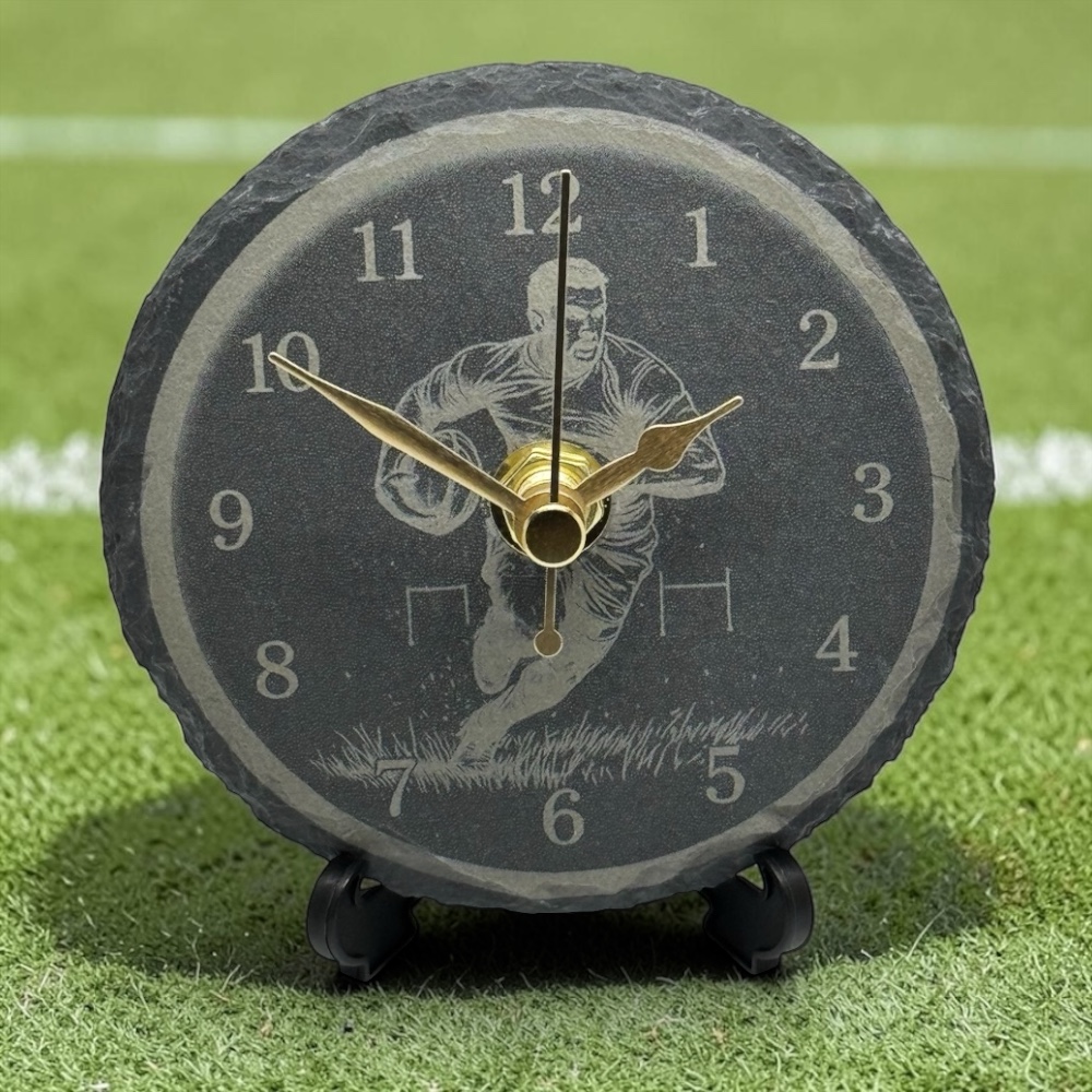 Handmade Natural Slate Rugby Desk Clock (90mm) – Silent Quartz Tabletop Sports Timepiece, Unique Rugby Gift