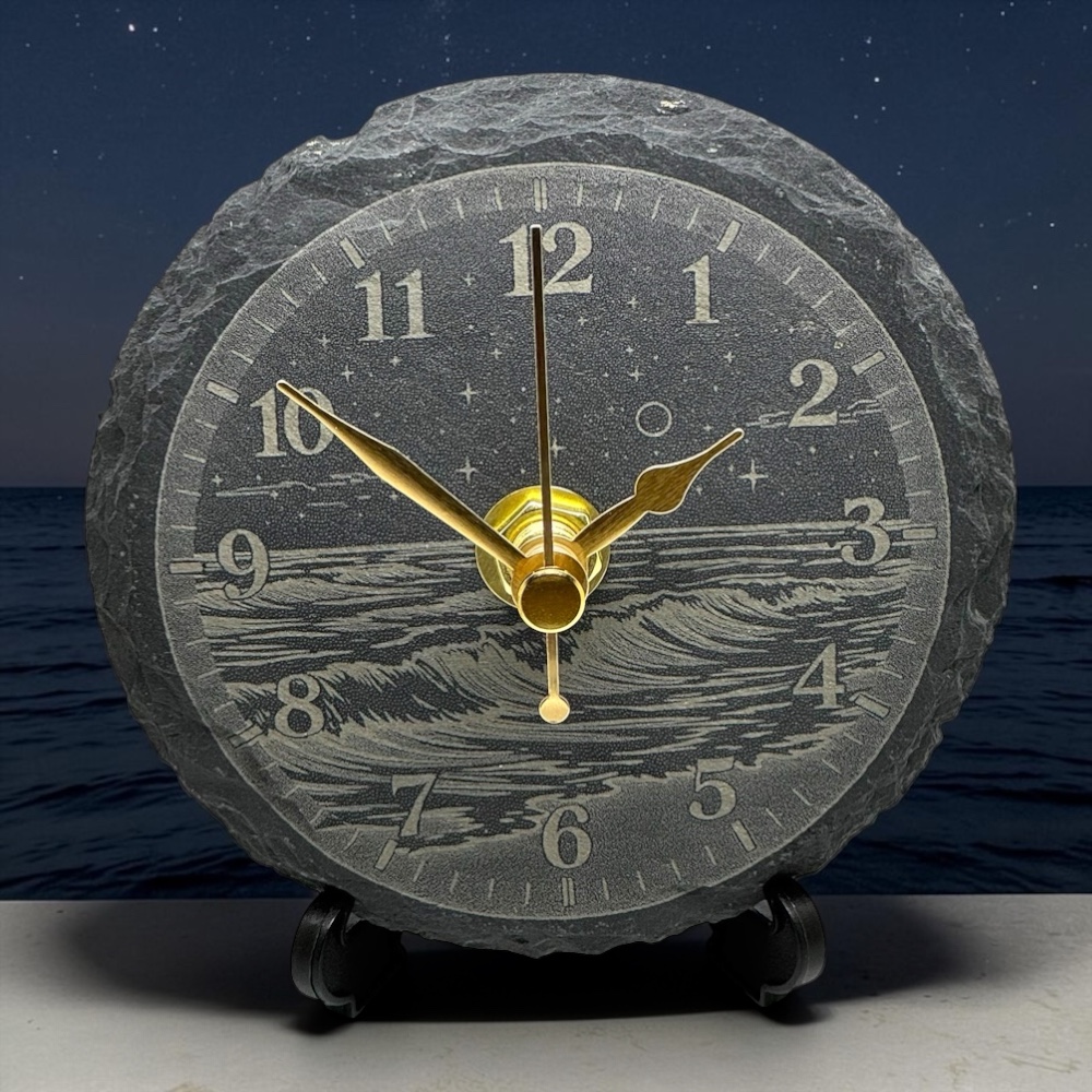 Handmade Natural Slate Night Sky Desk Clock (90mm) – Silent Quartz Tabletop Moon Stars Sea Design, Celestial Gift