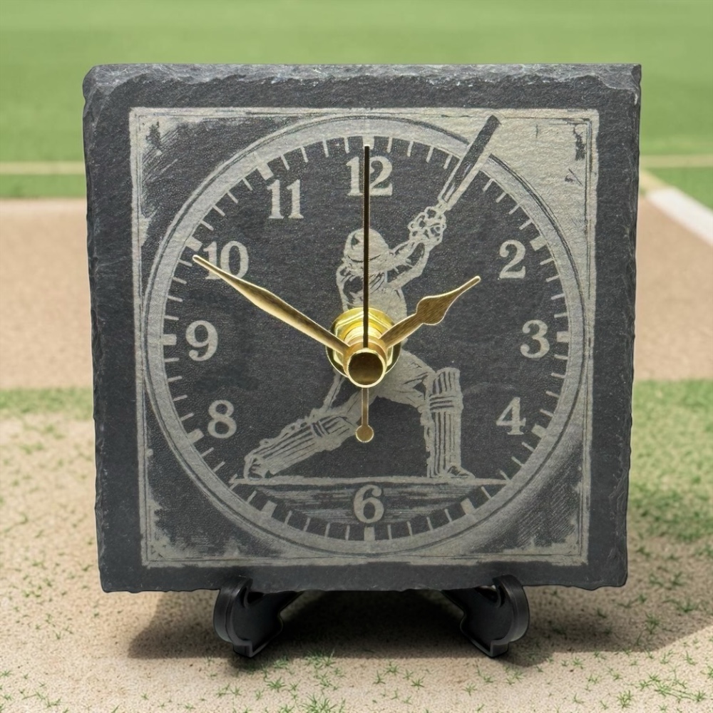 Handmade Natural Slate Cricket Desk Clock (10cm Square) – Silent Quartz Tabletop Sports Timepiece, Unique Cricketer Gift