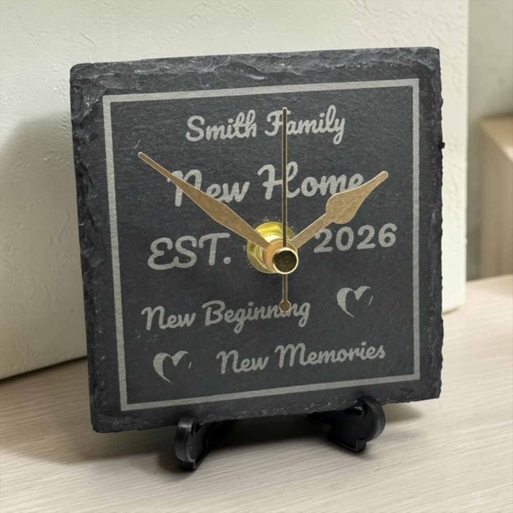 Personalised New Home Slate Desk Clock (10cm Square) – Custom Family Name Housewarming Gift, Silent Quartz Timepiece